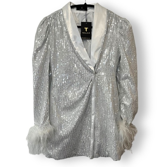 Thiliko Silver Sequin Satin Lined Long Blazer w/ white boa feather trim NWT - Picture 1 of 7